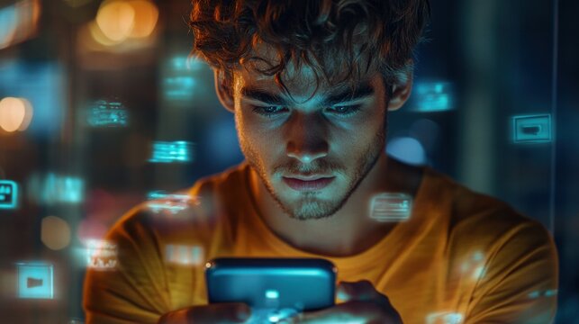 Young serious Caucasian man using smartphone at night indoors