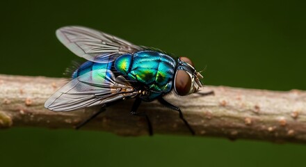 Fototapeta premium Iridescent Green Bottle Fly Resting on a Branch with Dark Green Background