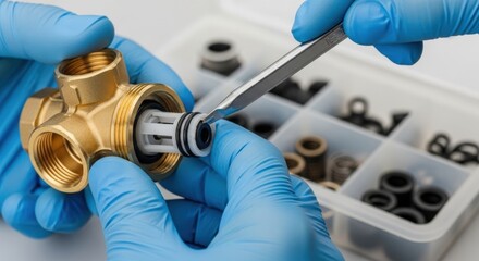 Plumber Repairing Faucet Valve with Tweezers