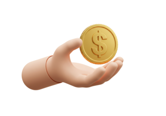 Cartoon hand holding gold dollar coin 3 d rendering finance investment wealth business payment icon