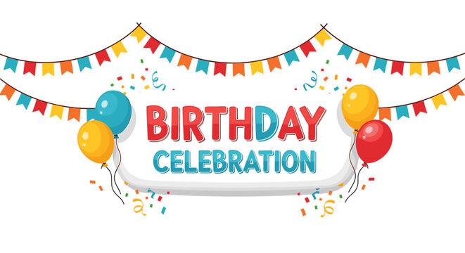 Festive birthday celebration banner with balloons and bunting.