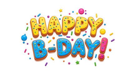 Playful "Happy B-Day!" text design with yellow and blue icing effect and colorful sprinkles, set against a white background.