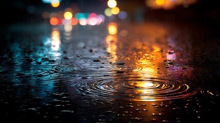 Colorful City Lights and Ripples on a Wet Street on a Rainy Night / 雨の夜、濡れた道に映るカラフルな街の灯りと波紋