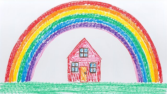 Crayon drawing, kid style, colorful house, simple shapes, playful, bright and cheerful - Powered by Adobe
