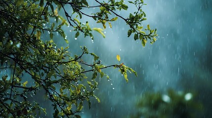 Vibrant Green Leaves on a Branch in the Rain / 雨の中の枝にある生き生きとした緑の葉
