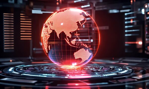 Digital Globe Displayed In Futuristic Server Room With Red Lights and Blue Accents - Powered by Adobe