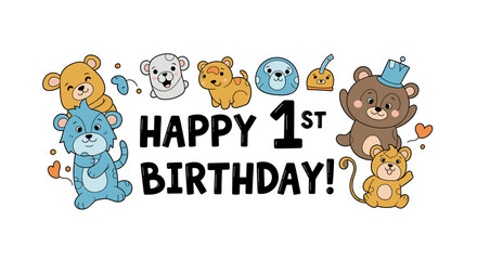 Obraz premium A colorful banner celebrating a first birthday with adorable cartoon animals and joyful text.