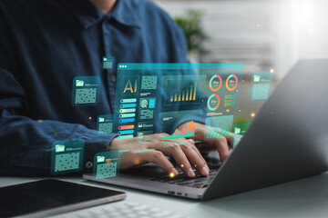 Analysts use computers and dashboards to analyze business data and information management systems with KPIs and metrics connected to databases for finance, technology, operations, sales.