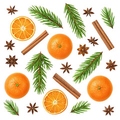 Festive christmas and new year holiday arrangement of oranges fir branches cinnamon sticks and star anise isolated on transparent background