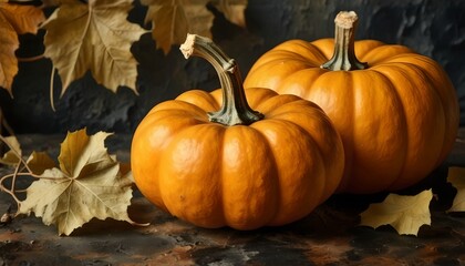 Autumnal Pumpkin Scene with Dried Leaves Dark Surface