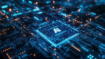 Illuminated AI Computer Chip Embedded in Circuit Board