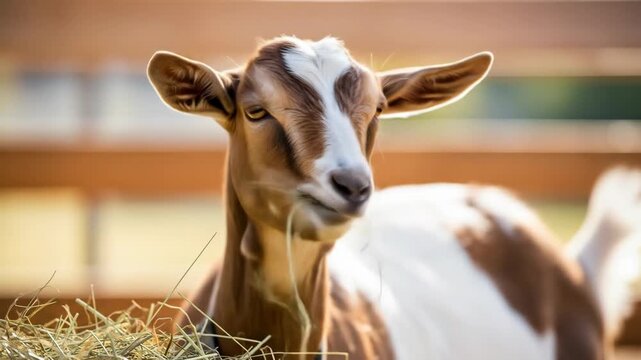 Close-up of a goat eating hay in a farm environment at golden hour.