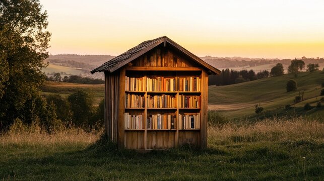 Wooden bookshelves in rural landscape at sunset