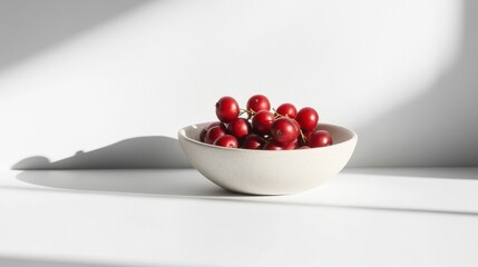 Ceramic bowl filled with fresh red currants on white background