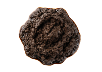 Dense, viscous, clumpy, matte earthy brown sludge, tar-like consistency, isolated on a transparent background, ample copy space. Concept of environmental pollution