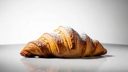 Golden flaky croissant dusted with powdered sugar resting on a smooth surface in a minimalist setting - Powered by Adobe