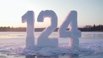 Icy Number Sculpture on Snowy Plain with a Winter Landscape in Soft Sunset - Powered by Adobe