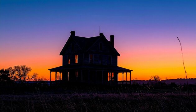 Silhouette of abandoned house during sunset with orange and blue sky