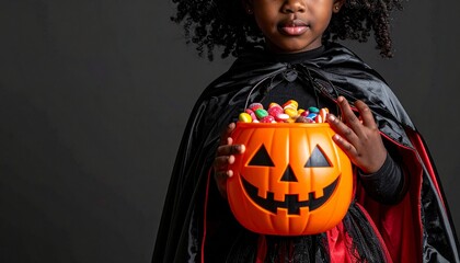 Fototapeta premium Child holding pumpkin bucket filled with candies for Halloween