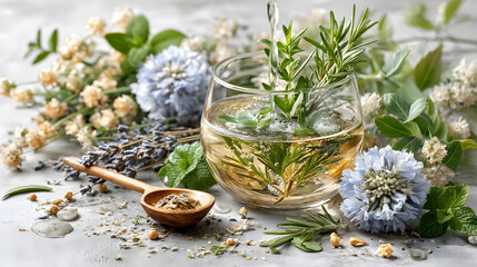 Sustainable home lifestyle Refreshing herbal tea with aromatic flowers Eco-friendly daily choices Zero waste mindful living