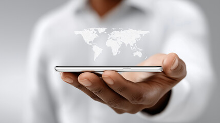 Global Connection: A modern smartphone rests in a palm, a subtle display of a world map projected just above it, representing worldwide connectivity and global reach.