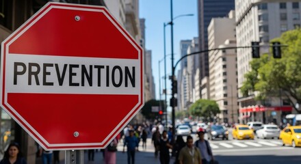 Prevention sign in urban setting with pedestrians and traffic.