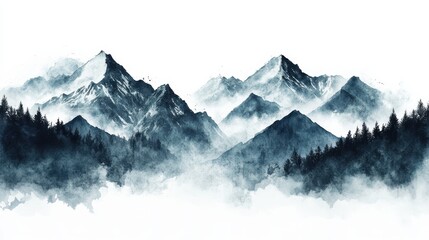 Obraz premium Majestic mountains and trees in serene, misty landscape