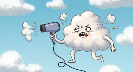 Angry Cloud Using Hair Dryer Cartoon Illustration
