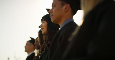 Profile, group and students with hats, ceremony or celebration of milestone or academic achievement. University, success and people with robes for event, education and complete studies and course