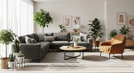 Obraz premium Modern living room with gray sectional, plants, and abstract art in a bright, airy space