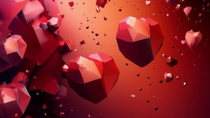 Low poly red hearts exploding and floating on gradient red background, celebrating love and valentine's day romance - Powered by Adobe