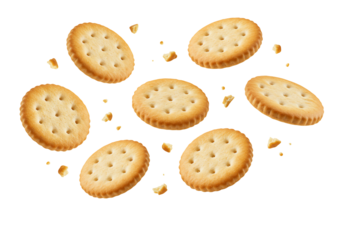 Round crackers levitating against transparent background food photography