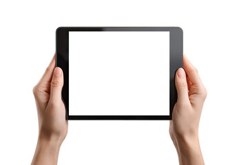 Hands holding a tablet with a blank screen