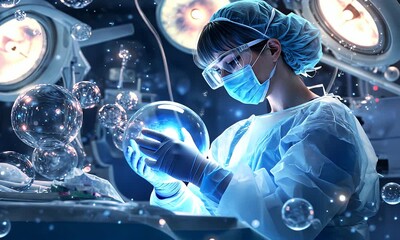 Surgeon in Blue Uniform Examining a Glowing Object in an Operating Room with Futuristic Lighting - Powered by Adobe