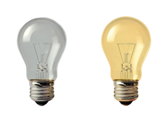 Two light bulbs, one clear, one amber-colored, side-by-side