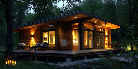 Obraz premium Warmly lit wooden cabin in dark forest with glowing windows, inviting ambiance, serene natural horizontal composition