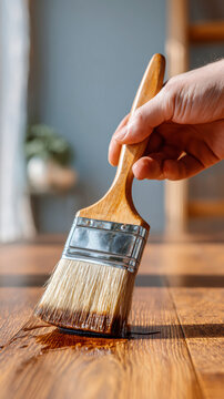 applying shellac over stian in wood table with a brush. AI generative.