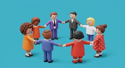 Diverse group of stylized figures holding hands in a circle against a vibrant teal backdrop.