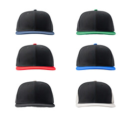 Six baseball caps in various color combinations.  Flat brim, structured.  Studio shot
