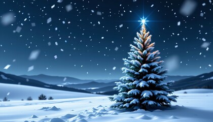 Serene Winter Night with Christmas Tree and Falling Snow