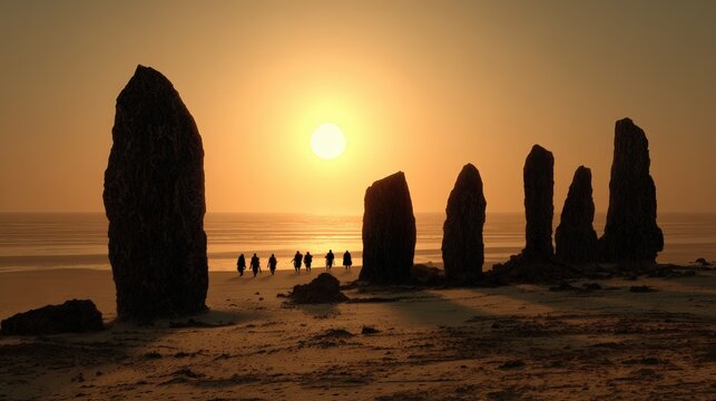 Scenic coastal sunset with towe sea stacks and silhouetted figures walking along the shoreline du golden hour
