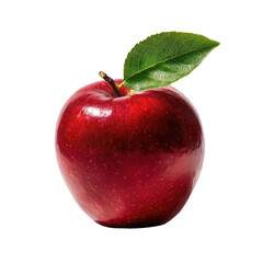 A vibrant, glossy red apple with a single green leaf