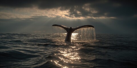 Fototapeta premium A whale tail splashes water against a dramatic, moody sky over the ocean surface.