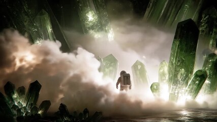 An astronaut stands amidst a glowing, crystalline landscape, illuminated by ethereal light. - Powered by Adobe