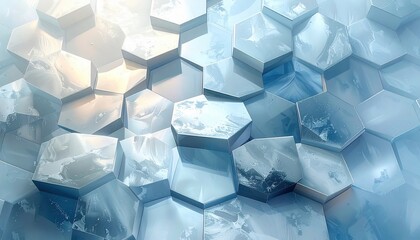 A complex geometrical pattern of layered hexagonal prisms creates a cool, abstract design.