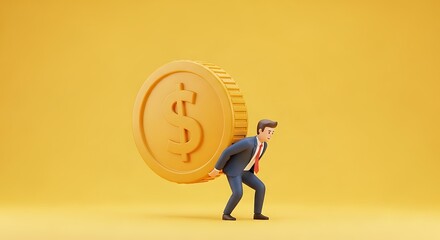 A 3d businessman struggles to carry a large golden coin, symbolizing the weight of financial burden in a vibrant yellow  setting.