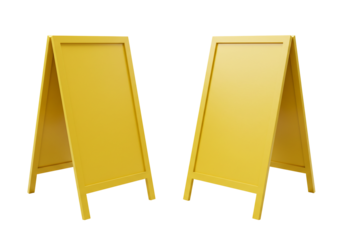 Two yellow a frame sandwich boards mockup blank signage advertising display promotion marketing template isolated transparent background