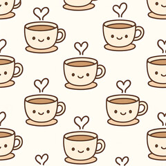 Obraz premium Hand-drawn cartoon coffee cup with a smiling face seamless pattern. A sweet and simple background for a cafe menu, beverage branding, or print design.
