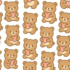 Hand-drawn cartoon teddy bear with a love heart seamless pattern. Sweet and simple animal character background for romantic or nursery design.