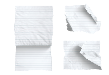Three pieces of lined paper, slightly crumpled and torn